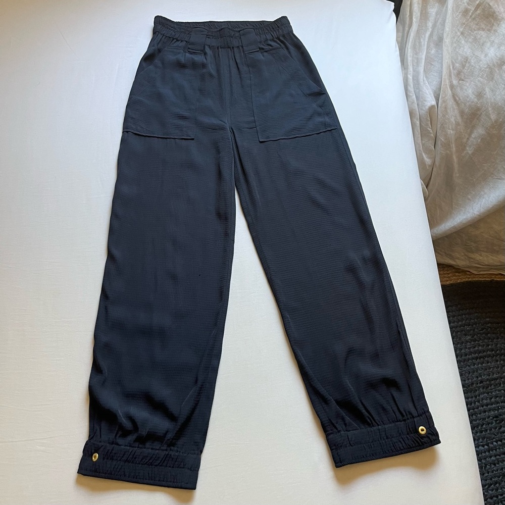 GANNI navy blue satin elastic waist straight leg jogger pants